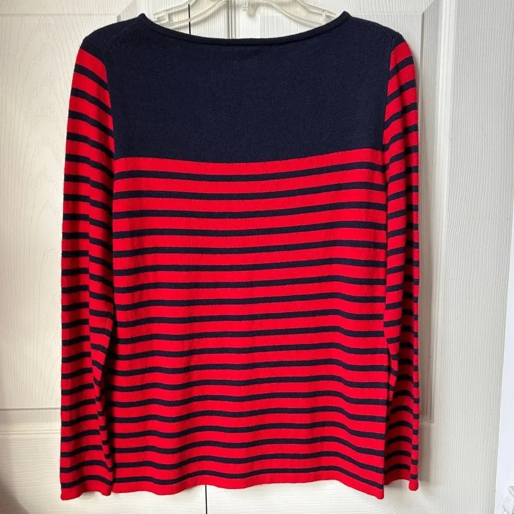 J. Crew Breton-Striped Women's Navy Red Gem Rhinestone sweater wool top Med EUC